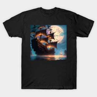 Majestic Pirate Ship: Aesthetic Fantasy Fiction Art Under Moonlight T-Shirt